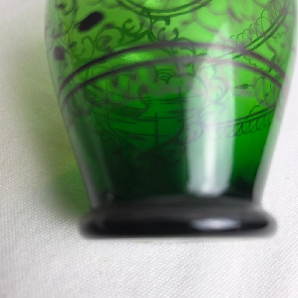 Vintage Venice 1960 Emerald Green Glass Bud Vase Silver Floral Overlay
